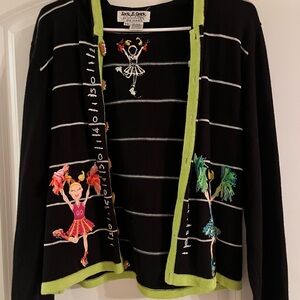 Black and Green Women's Cardigan with Cheerleader Design
